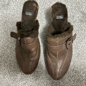 Stuart Weitzman Heeled Brown Leather Studded Mules Clogs & Shearling Size 8